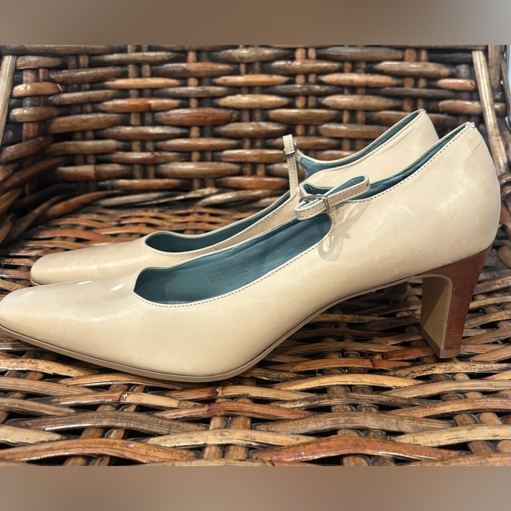 Etienne Aigner Cream Heels with Wooden Block Heel in size 10. Great condition!